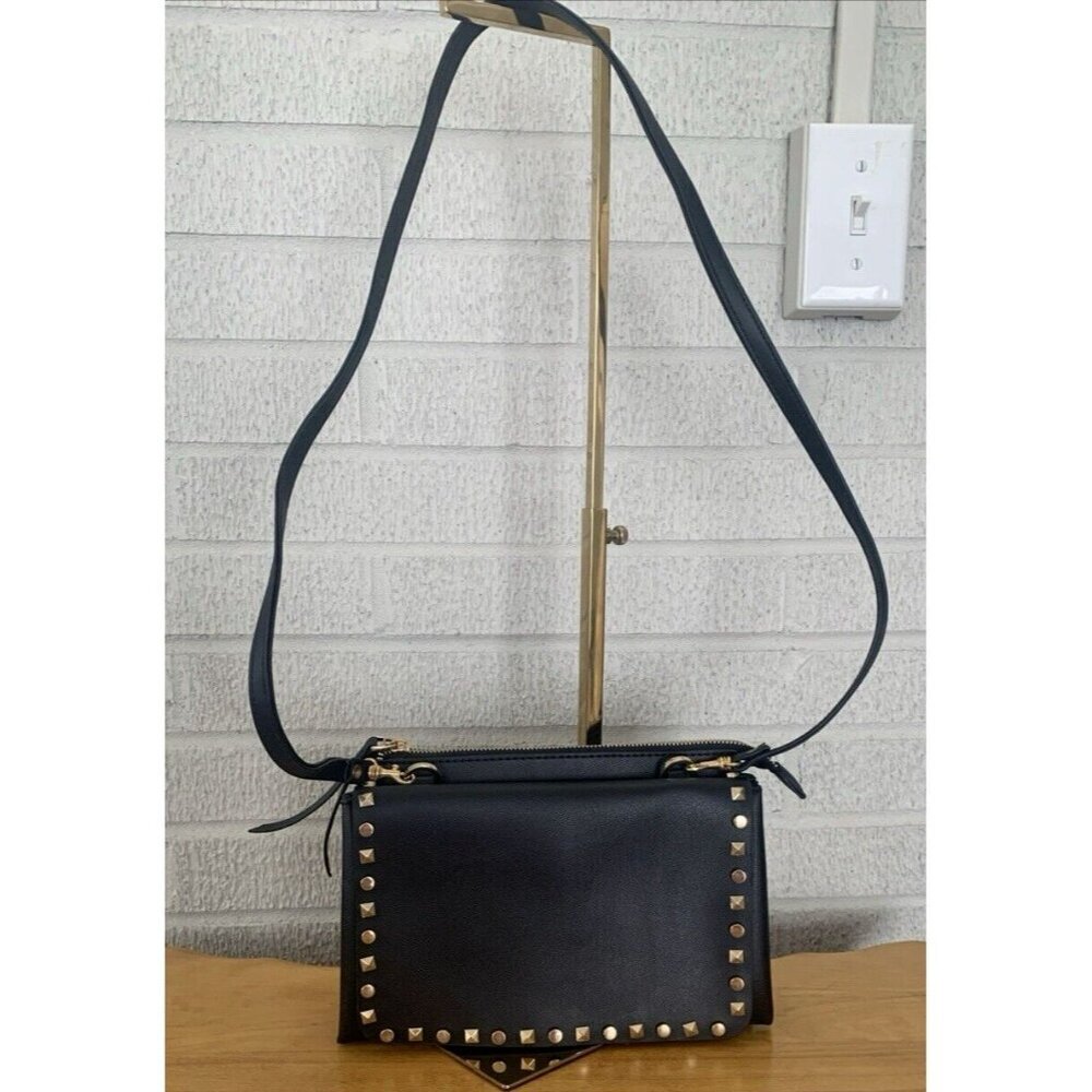 Mark & Hall Fold Over Black Faux Leather Crossbody Flap Bag Gold Rock Stud EUC